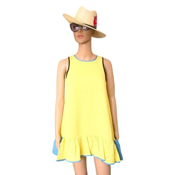 Victoria Beckham Dress Kids Girls Large Yellow Blue Striped Mini Ruffle Textured - Picture 1 of 14